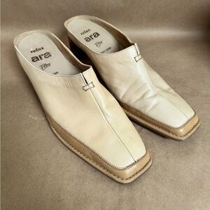 Ara Cream and Tan Soft Leather Slip On 2” Heeled Mules. UK 7.5/US 9.5